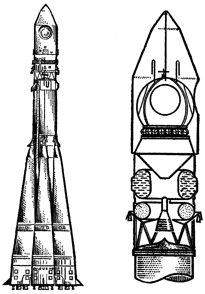 Line drawing of the R-7 rocket and Vostok capsule