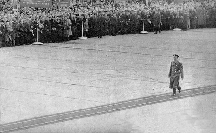 Gagarin takes the long walk across the red carpet to greet the waiting dignitaries