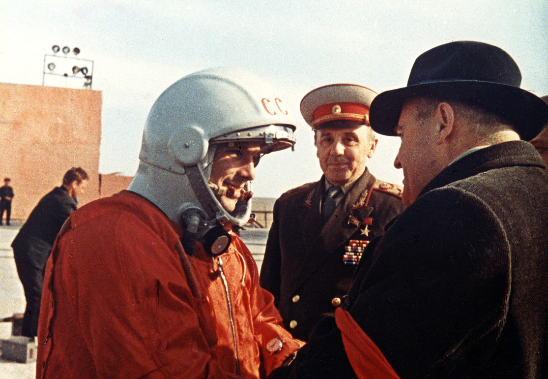 Chief designer Sergei Korolev bids Gagarin farewll and good luck