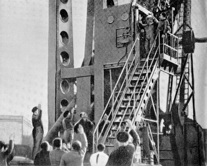 Gagarin about to board the lift to Vostok