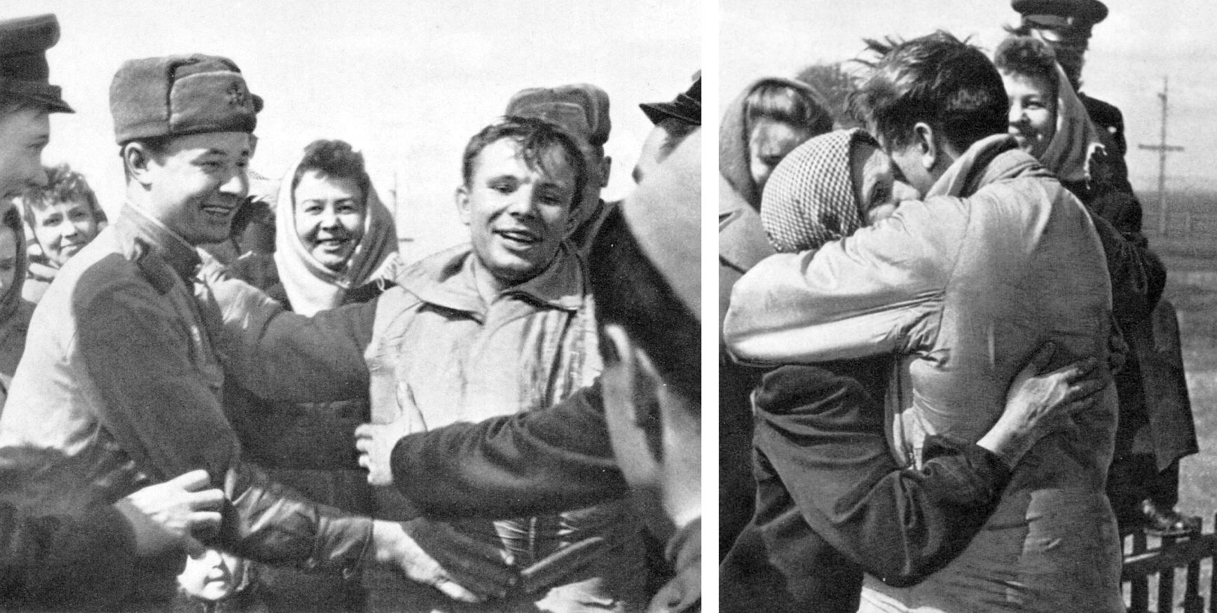 Gagarin is greeted by local farm workers soon after landing by parachute