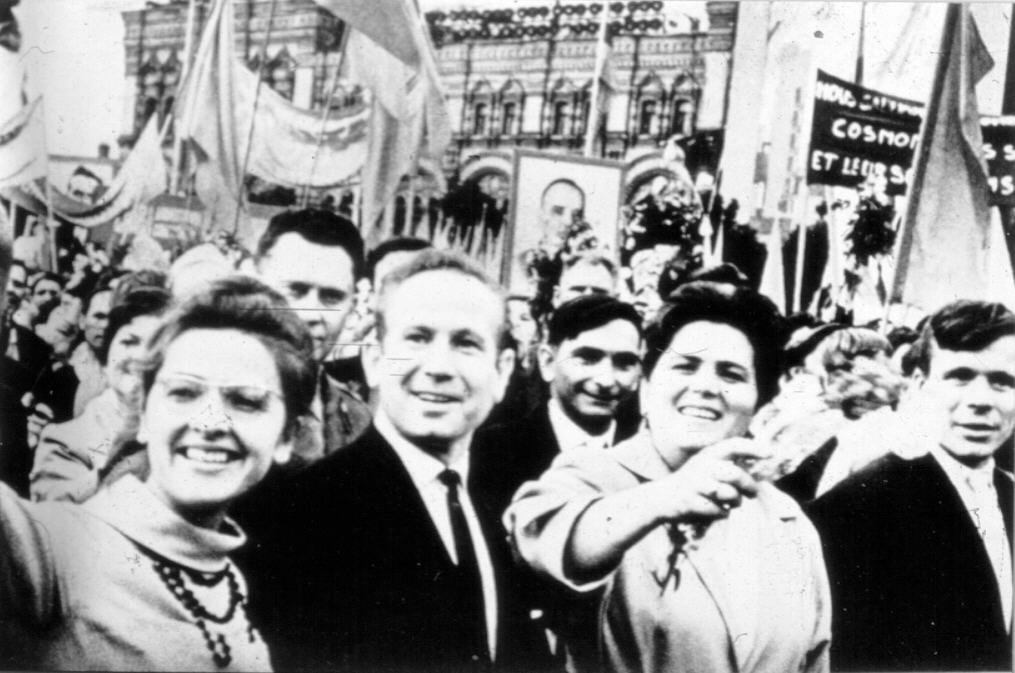 The crowds celebrating in Red Square included three of Gagarin's fellow cosmonauts