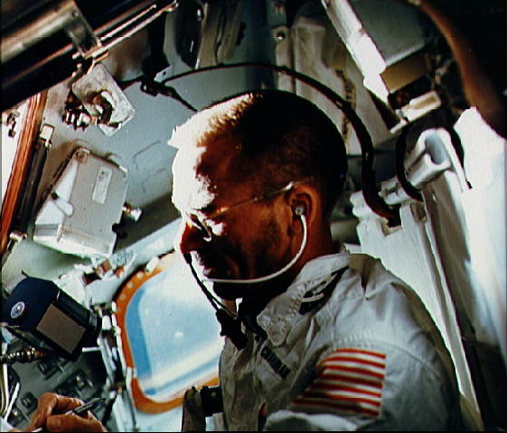 LMP Walt Cunningham at work aboard Apollo 7 towards the end of the mission