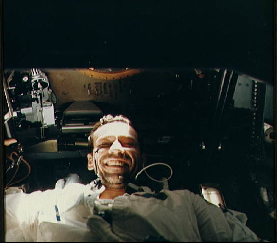 A smiling Donn Eisele pauses for the camera late in the Apollo 7 mission 