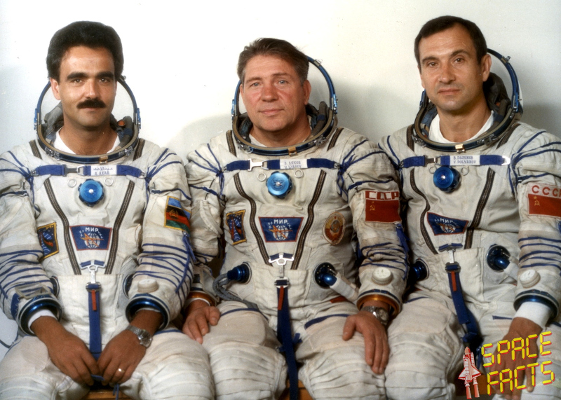 Group portrait of the Soyuz TM-6 crew in spacesuits