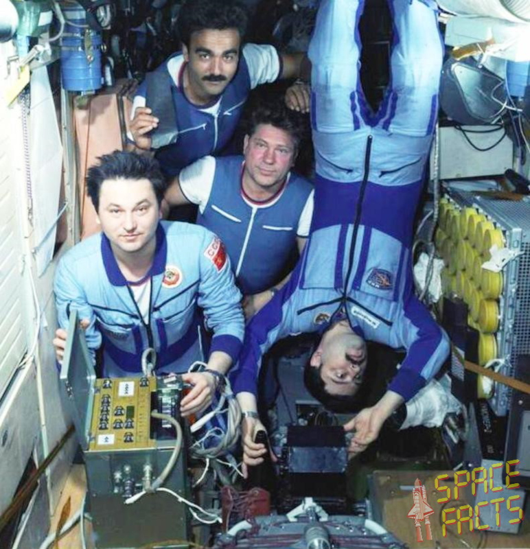 some of the Soyuz visiting crew join with the Mir resident cosmonauts for this photograph aboard the space station