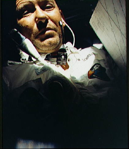 An ill and tired looking Wally Schirra photographed late in the Apollo 7 mission