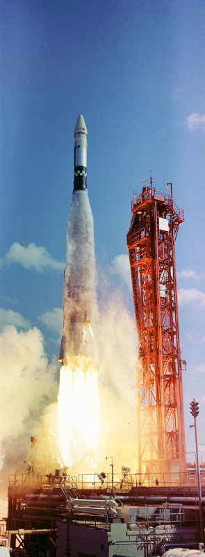 A fiery lift-off for the Atlas rocket carrying the Gemini 6 Agena target vehicle