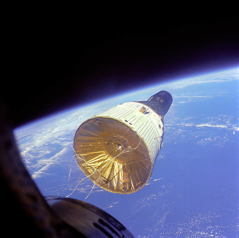 photo of the Gemini 6 spacecraft in Earth orbit, taken by the crew of Gemini 7